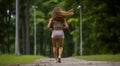 pretty girl running in nature, sports girl running, young woman