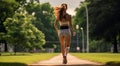 pretty girl running in nature, sports girl running, young woman