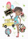 A pretty girl with a school backpack goes to school. Back to school. School bus. Vector Royalty Free Stock Photo