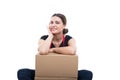 Pretty girl seller posing with cardboard boxes Royalty Free Stock Photo