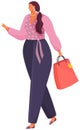Pretty girl shopper holds package vector illustration. Young fat woman with pink paper bag walking