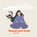 Pretty girl sits in a yoga pose and meditates. Conceptual image of the benefits of practicing meditative practices for brain Royalty Free Stock Photo