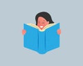 Pretty girl smiling and holding a book in her hands. Smart child reads a book, studies. Cartoon vector illustration in