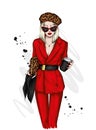 Pretty girl in a stylish suit and beret. Coffee. Vector illustration. Fashion and style, clothing and accessories.