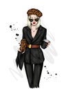 Pretty girl in a stylish suit and beret. Coffee. Vector illustration. Fashion and style, clothing and accessories.