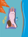 Girl laying on towel near sea. Hand drawn vector illustration. Summer vacation concept. Royalty Free Stock Photo
