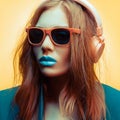 Pretty girl in sunglasses and headphones listens to musi Royalty Free Stock Photo