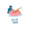 Pretty girl on swimming ring. Women relaxing in a pool or sea with resting on inflatable pink donut mattress. Let`s go travel Royalty Free Stock Photo