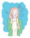 Pretty girl talking on phone, dialogue cloud, message, paper plane icons, happy female with phone