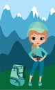 Pretty girl the tourist in mountains with the came Royalty Free Stock Photo