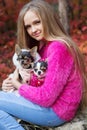 Pretty girl with two chihuahua dogs on the nature Royalty Free Stock Photo