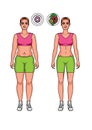 Pretty girl vector cartoon illustration in fitness clothes with healthy and unhealthy food