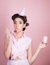 Pretty girl in vintage style. pin up woman with trendy makeup. pinup girl with fashion hair. happy birthday. Party