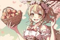 Pretty girl wearing a flower crown and holding a basket of Easter treats, smiling near a blooming cherry blossom tree Easter