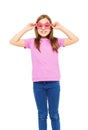 Pretty girl wearing funny pink glasses and t-shirt