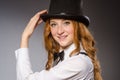 Pretty girl wearing retro hat isolated on gray Royalty Free Stock Photo