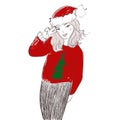 Pretty girl wearing santa claus clothes on white background. Vector handdrawn illustration Royalty Free Stock Photo