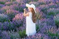 pretty girl in white dress walking through lavender flowers. lovely girl posing in lavender flowers. beautiful girl in Royalty Free Stock Photo