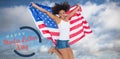 Composite image of pretty girl wrapped in american flag jumping and smiling at camera