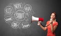 Girl yelling into megaphone and hand drawn speech bubbles come out Royalty Free Stock Photo