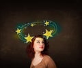 Pretty girl with yellow stars circleing around her head illustration Royalty Free Stock Photo