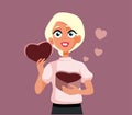 Blonde Woman Holding a Heart Shape Gift Box Vector Illustration