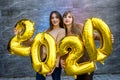 Pretty girls with champagne glasses celebrating new year. Two brunette  women in fur jackets Royalty Free Stock Photo