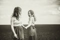 Pretty girls outdoor walking in the field, holding hands Royalty Free Stock Photo