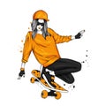 Pretty girls with skateboard. Vector illustration for a postcard or a poster. Bright, colorful drawing.