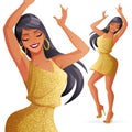 Pretty glamorous young dancing woman in golden dress with glitter.