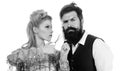 Pretty glamour blonde girl style man& x27;s beard. Man style and haircare. Crazy hairdresser blonde girl grooming