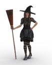 Pretty Halloween witch in whimsical costume, standing hold a broom stick in her hand. Isolated 3D illustration