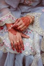 Pretty hands of a lady or Mehndi or henna applied on lady& x27;s hands or style shot or asian woman& x27;s hands with jewellery