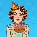 Pretty Happy Girl Blowing Candles on Birthday Cake and Making a Wish. Pop Art Royalty Free Stock Photo