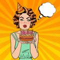 Pretty Happy Girl Blowing Candles on Birthday Cake and Making a Wish. Pop Art Royalty Free Stock Photo