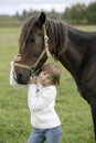 Pretty happy girl in a white sweater and jeans holding the horse by the halter smiling. Lifestyle portrait Royalty Free Stock Photo