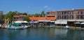 : Pretty harbour at Molyvos on the island of Lesvos with fishing boats and restaurants. Royalty Free Stock Photo