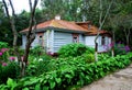 The pretty house is buried in flowers.