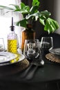 Pretty houseplant on a dinning table with served dishware