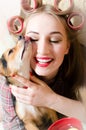 Pretty hug: closeup portrait on gorgeous beautiful blond young woman hugging with lovely dog