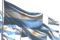 Pretty many Argentina flags are waving isolated on white - picture with bokeh - any occasion flag 3d illustration