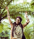 Pretty islam woman in orange grove smiling, real muslim girl che