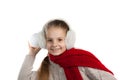 Pretty joyful little girl in warm winter things with knitted scarf Royalty Free Stock Photo