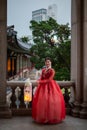 Pretty Korean girl wearing traditional Hanbok dress in Seoul South Korea