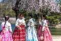 Pretty Korean girls wearing traditional Hanbok dress in Seoul South Korea