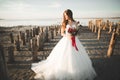 Pretty lady, bride posing in a wedding dress near sea on sunset Royalty Free Stock Photo