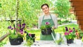 Pretty lady caring for flowers in the garden. A gardener in an apron transplants flowers into pots to create a cozy atmosphere in