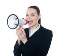 Pretty lady giving instructions with megaphone Royalty Free Stock Photo