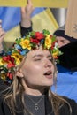 Pretty Lady Singing National Anthem At The Protest Against The War In Ukraine At Amsterdam The Netherlands 27-2-2022