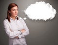 Pretty lady thinking about cloud speech or thought bubble with c Royalty Free Stock Photo